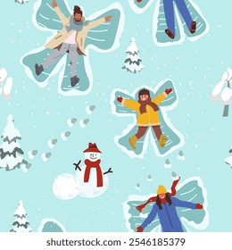 Seamless pattern winter outdoor activities, outdoor, entertainment, Christmas, Happy New Year, hand drawn, vector.