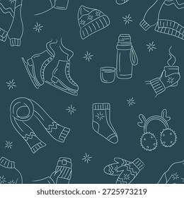 Seamless pattern with winter outline doodles on darl background. Hand drawn vector set of sketches: scarf, sweater, socks, mittens, skates, hat, thermos, mug of tea. Seasonal background for poster, banner