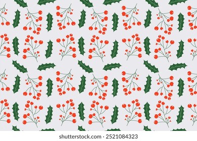 Seamless pattern with winter plant dark green leaves and red berries. Hand drawn vector design.