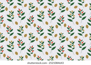 Seamless pattern with winter plant green leaves, gold cones and red berries. Hand drawn vector design.