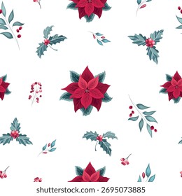 
Padrão contínuo com plantas de inverno. Elementos desenhados à mão. Padrão de Natal.