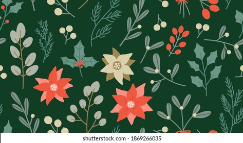 Nahtlose Muster der Winterpflanzen: Heilige Beeren, Mistelwein, Poinsettias, Kiefer, Zeder, blaue Fichte. Handgezeichnete Weihnachtspflanzen auf grünem Hintergrund. Eignet sich zum Packen von Papier, Stoff, dekoriert.