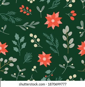 Seamless pattern of winter plants: holly berry, mistletoe, poinsettias, pine, cedar, blue spruce. Hand-drawn Christmas plants on a green background. Suitable for wrapping paper, fabric, decorated.