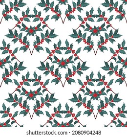 Seamless pattern with winter plants, holly berry, rowan branches. Festive American traditional ornate for New Year, Christmas. Hand drawn vector illustration for wrapping paper, textile printing