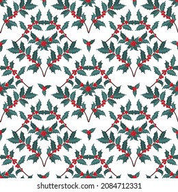 Seamless pattern with winter plants, holly berry, rowan branches. Festive American traditional ornate for New Year, Christmas. Hand drawn vector illustration for wrapping paper, textile printing