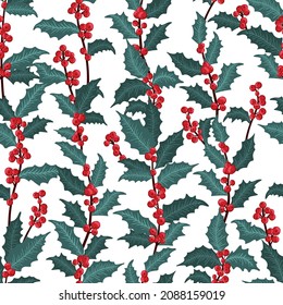 Seamless pattern with winter plants, holly berry, rowan branches. Festive American traditional ornate for New Year, Christmas. Hand drawn vector illustration for wrapping paper, textile printing