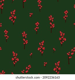 Seamless pattern with winter plants, holly berry, rowan branches. Festive American traditional ornate for New Year, Christmas. Hand drawn vector illustration for wrapping paper, textile printing