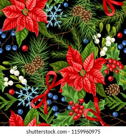 Padrão sem emenda com plantas de inverno. Decoração de férias de Natal feliz. Fundo de galhos de floresta em estilo vintage.