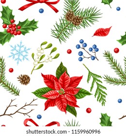 Seamless pattern with winter plants. Merry Christmas holiday decoration. Forest branches background in vintage style.