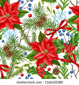 Seamless pattern with winter plants. Merry Christmas holiday decoration. Forest branches background in vintage style.
