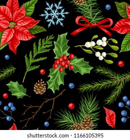 Seamless pattern with winter plants. Merry Christmas holiday decoration. Forest branches background in vintage style.