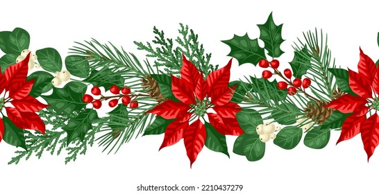 Seamless pattern with winter plants. Merry Christmas and Happy New Year decoration.