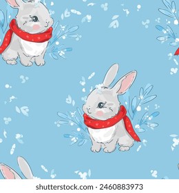 Seamless pattern winter rabbit, bunny print design background vector textile for kids fashion