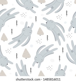 Seamless pattern with winter rabbit, hare and hand drawn elements. Creative christmas background. Vector illustration. Rabbit snow postcard graphic design element. Children's drawing of children handm