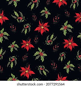 seamless pattern of winter, red berries of Holly, Holly, leaves. modern, hand-drawn, dynamic illustration in a realistic style. for Wallpaper, paper, holiday ideas. vintage style.