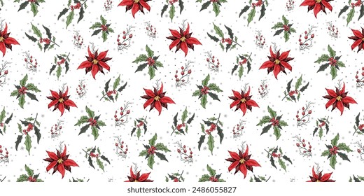 seamless pattern of winter, red berries of Holly, Holly, leaves. modern, hand-drawn, dynamic illustration in a realistic style. for Wallpaper, paper, your ideas. vintage style.