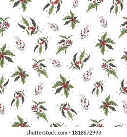 seamless pattern of winter, red Holly berries, mountain ash branches without leaves. modern, hand-drawn, dynamic illustration in a realistic style. for Wallpaper, paper, your ideas. vintage Wallpaper.