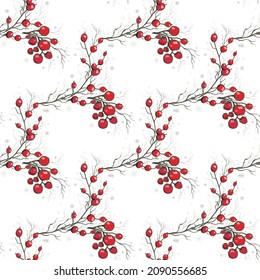 seamless pattern of winter, red rowan berries, branch. a modern, hand-drawn, dynamic illustration in a realistic style. for print, paper, background, your holiday idea. vintage art  wallpaper.