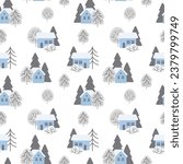 Seamless pattern, winter rural landscape with houses in the snow, fir trees and trees. Seamless pattern, print, vector