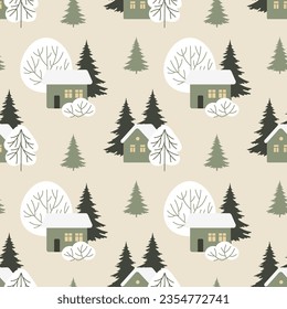 Seamless pattern, winter rural landscape with houses in the snow, fir trees and trees. Print, vector