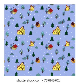 Seamless pattern winter rural landscape with houses and trees