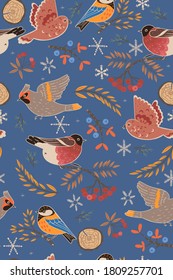 Seamless pattern with winter Russian birds. Vector graphics.