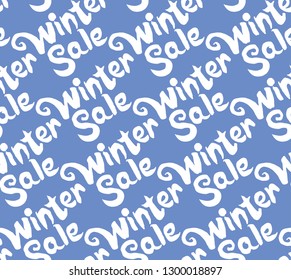 Seamless pattern Winter sale. White handwritten inscription is repeated on a blue background. Template for advertising, seasonal sale.