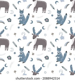 Seamless pattern with winter scandinavian deer and wolf vector illustration. Wallpaper, gift paper. Wallpaper for the children's room