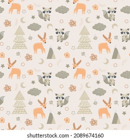 Seamless pattern with winter scandinavian deer and raccoon vector illustration. Wallpaper, gift paper. Wallpaper for the children's room