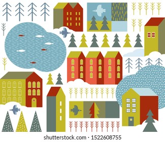 Seamless pattern with a winter Scandinavian town in a fun colors. Hygge cozy style. Colorful buildings on light background. Nordic village. Christmas illustration  the house, pond, bird, snow, slave