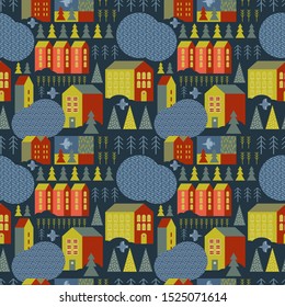 Seamless pattern with a winter Scandinavian town in a fun colors. Hygge cozy style. Colorful buildings on dark background. Nordic village. Christmas illustration  the house, pond, bird, snow, slave