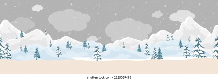 Seamless pattern Winter scene in village,Vector wide panorama pattern Cute Nature rural, mountains with snowy in forest pine tree on Winter for Christmas banner,wallpaper background 