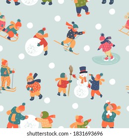 Seamless pattern. Winter season background kids characters. Flat vector illustration. Winter outdoor activities. Children  have fun. 