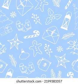 Seamless pattern of winter season, Christmas, New year, XMAS design on background, for holiday, celebration party, new year, print or wrapping paper. Line art style. Blue and white color