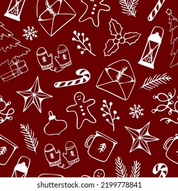 Seamless pattern of winter season, Christmas, New year, XMAS design on background, for holiday, celebration party, new year, print or wrapping paper. Line art style. Red and white color