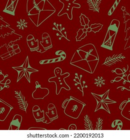 Seamless pattern of winter season, Christmas, New year, XMAS design on background, for holiday, celebration party, new year, print or wrapping paper. Line art style. Red and green color