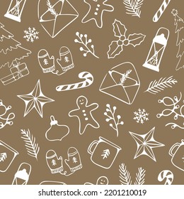 Seamless pattern of winter season, Christmas, New year, XMAS design on background, for holiday, celebration party, new year, print or wrapping paper. Line art style. Brown and white color
