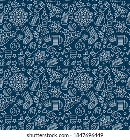 Seamless pattern Winter sketches. Hand-drawn cute doodles New Year, Christmas . Vector Blue and white backdrop