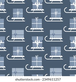 Patrón sin foco, trineo de invierno con cajas de regalos. Diseño azul y blanco. Fondo, textil, vector	