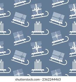 Seamless pattern, winter sleigh with gifts boxes. Blue and white design. Background, textile, vector