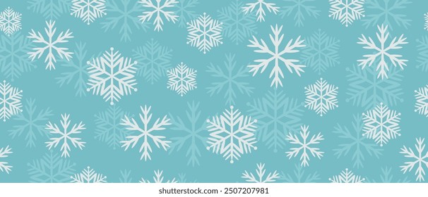 Seamless pattern of winter snowflakes. Christmas snow print on soft blue background. New Year texture for print, wrapping paper, fabric, decor, background. Vector.