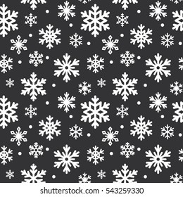 Seamless Pattern Of Winter Snowflakes, Vector Background. Repeated Texture For Surface, Wrapping Paper, White On Black.