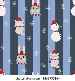 Seamless  pattern winter  with snowman and cute baby animals on blue striped background. Vector design for winter holidays. Print for textile, wa