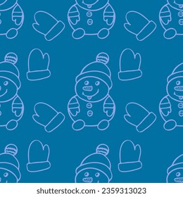Seamless pattern of winter snowmen on a blue background