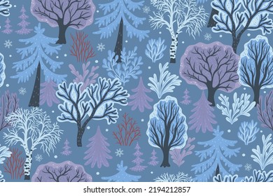 Patrón incomparable de bosque de nieve invernal con varios árboles y arbustos. Gráficos vectoriales.
