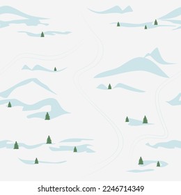 Seamless pattern of winter snowy hills. Travel landscape, winter skiing resort.