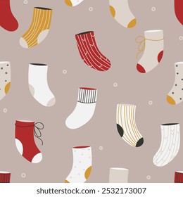 Seamless pattern with winter socks. Various Christmas socks with different patterns.