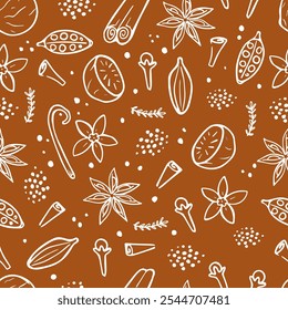 Patrón sin fisuras de especias de invierno. Navidades ingredientes sobre fondo marrón rojo. Dibujado a mano ilustración de especias de aroma. Fondo de pantalla con clavo, nuez moscada, cardamomo, canela, anís estrellado y vainilla. 