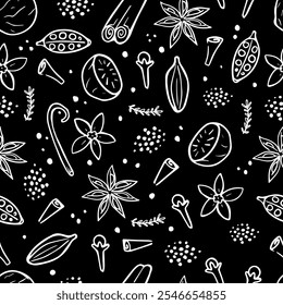 Seamless pattern of Winter spices. Christmas ingredients black background. Hand drawn illustration of aroma spices. Wallpaper with cloves, nutmeg, cardamom, cinnamon, star anise and vanilla. 