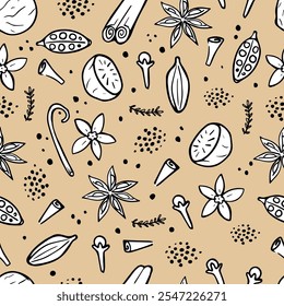 Seamless pattern of Winter spices. Christmas ingredients on beige background. Hand drawn illustration of aroma spices. Wallpaper with cloves, nutmeg, cardamom, cinnamon, star anise and vanilla. 